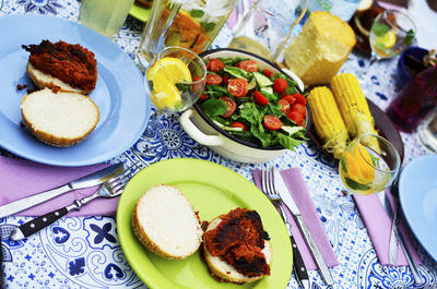 High angle view of food served on table