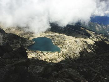 High angle view of lake and mountains