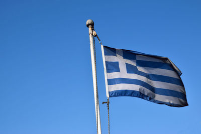 Low angle view of flag against clear blue sky