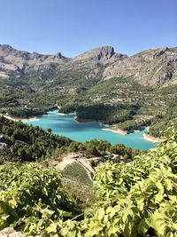 Scenic view of lake and mountains against clear blue sky