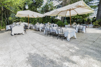 Chairs and tables on table against trees