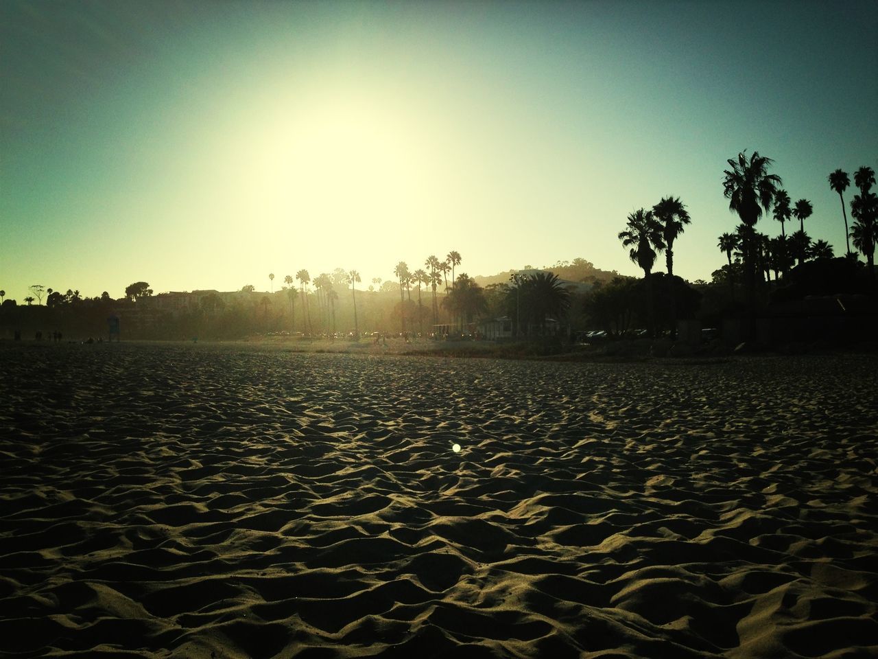 clear sky, sun, tranquility, tranquil scene, sunlight, sunset, landscape, scenics, nature, tree, beauty in nature, sunbeam, silhouette, copy space, field, sky, sand, lens flare, surface level, beach