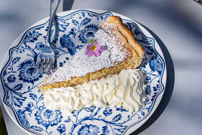 High angle view of cake in plate on table