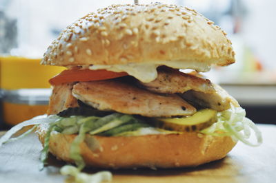 Close-up of burger on table