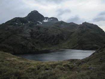 Scenic view of lake and mountains against sky