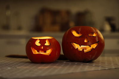 Close-up of jack o lantern on table