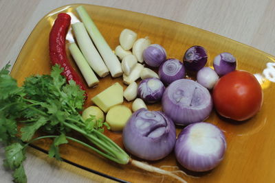 High angle view of chopped vegetables on table