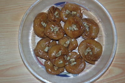 High angle view of food in plate on table