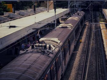 High angle view of train at railroad station