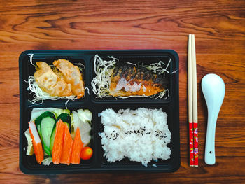 High angle view of sushi on table