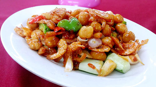 Close-up of served food in plate