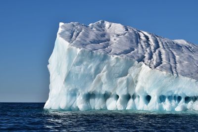 View of glacier in sea against clear blue sky