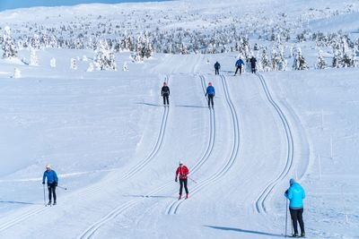 People skiing on snow covered mountain