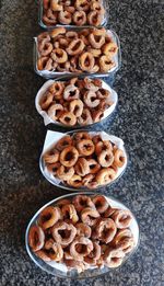 High angle view of cookies in bowl on table