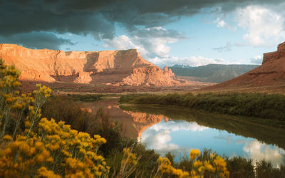 Panoramic view of lake and mountains against sky