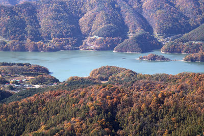 High angle view of lake and mountains 