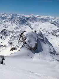 Aerial view of snowcapped mountains against sky