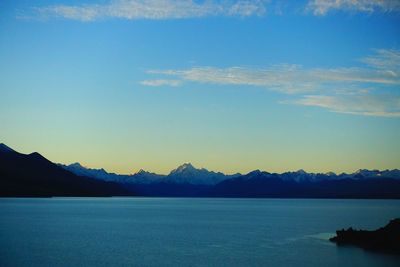 Scenic view of sea and mountains against blue sky