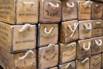 Close-up of stack of wooden boxes