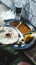 High angle view of breakfast served on table