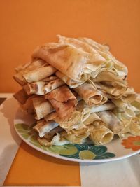 High angle view of food served on table