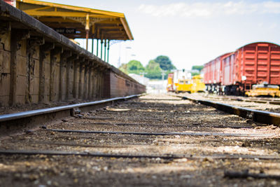 Train on railroad track against sky