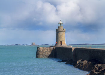 Lighthouse by sea against sky