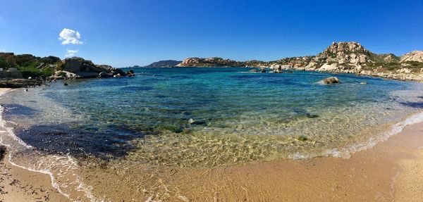 Scenic view of sea against clear blue sky