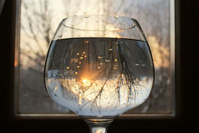 Close-up of drink in wineglass with reflection against window