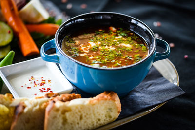 High angle view of soup in bowl on table