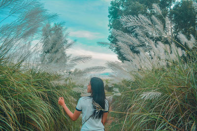 Rear view of woman standing amidst plants