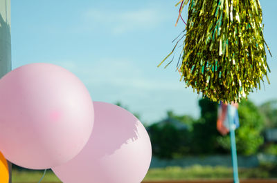 Close-up of pink balloons hanging against sky