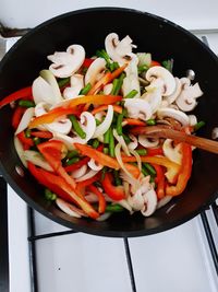 High angle view of chopped vegetables in pan