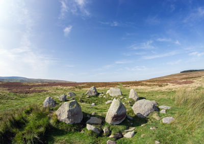 Scenic view of rocks on field against sky