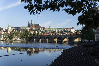 Bridge over river by buildings against sky