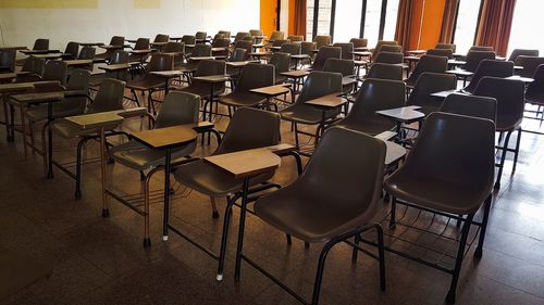 Empty chairs and table in classroom