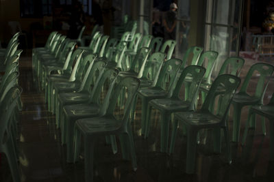 Empty chairs and tables in restaurant