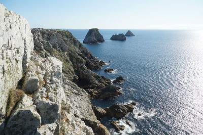 Rock formation on sea against clear sky