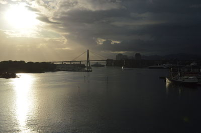 Bridge over sea against sky during sunset