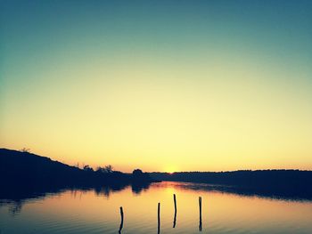 Scenic view of lake against clear sky during sunset