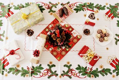 High angle view of christmas decoration on table