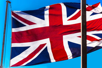 Close-up of union jack flag against clear blue sky