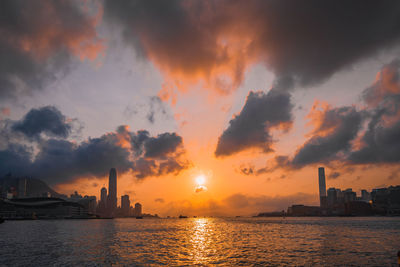 Panoramic view of sea and buildings against sky during sunset