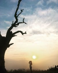 Silhouette person by plants against sky during sunset