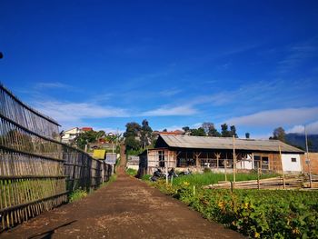 Footpath amidst buildings against blue sky