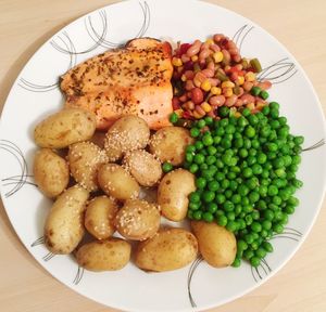 High angle view of served food on table