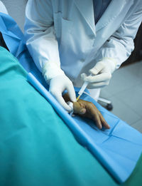 Midsection of doctor injecting syringe on patient hand in hospital