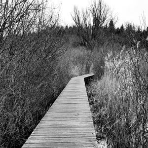 View of wooden footbridge against clear sky