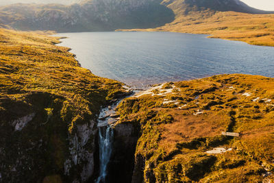 Wailing widow falls in assynt, north west highlands of scotland. falls with smoothed water, stream