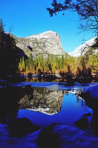 Scenic view of lake by mountains against clear blue sky